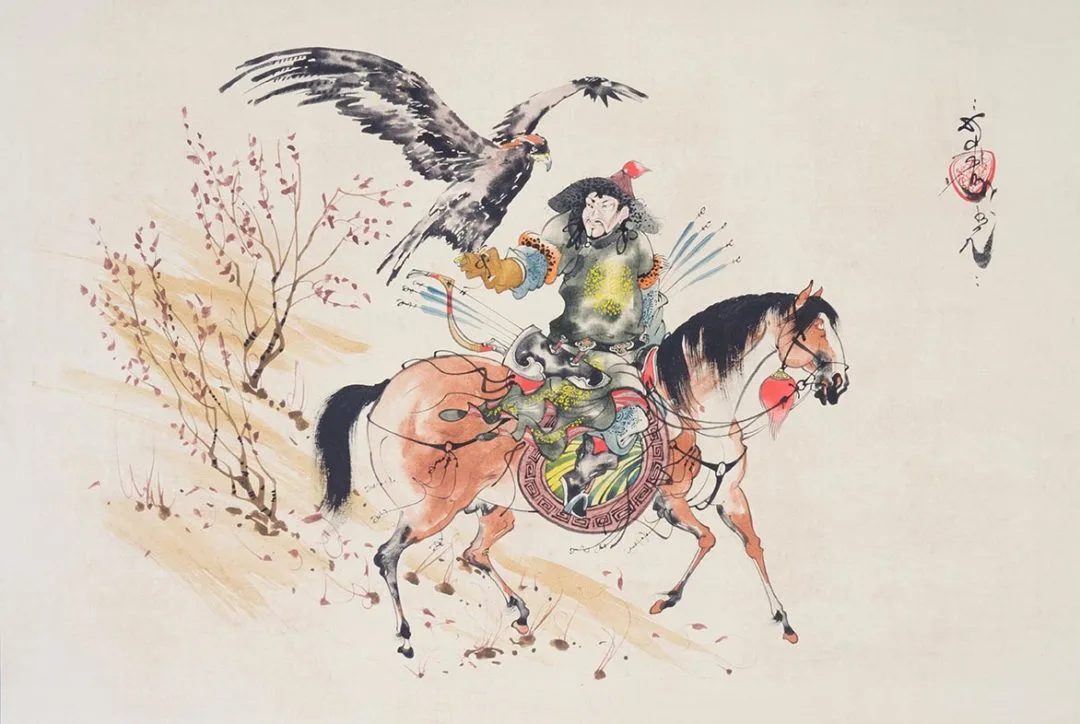 Départ à la chasse au renard, aigle au poing